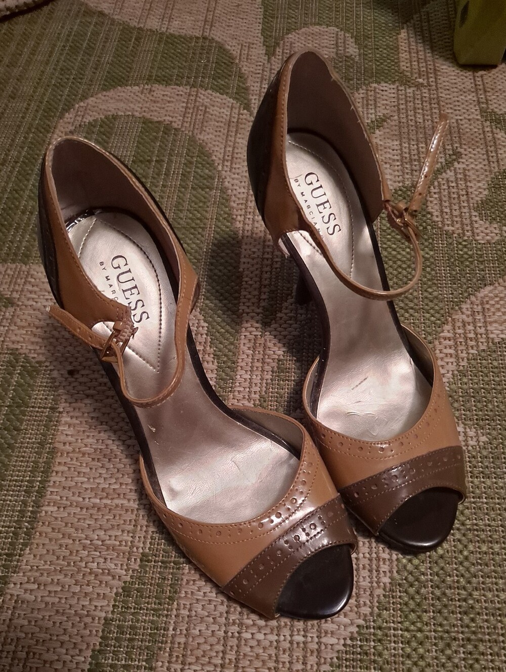 GUESS Two-Tone Tan and Dark Brown Peep-Toe Heels with Ankle Strap